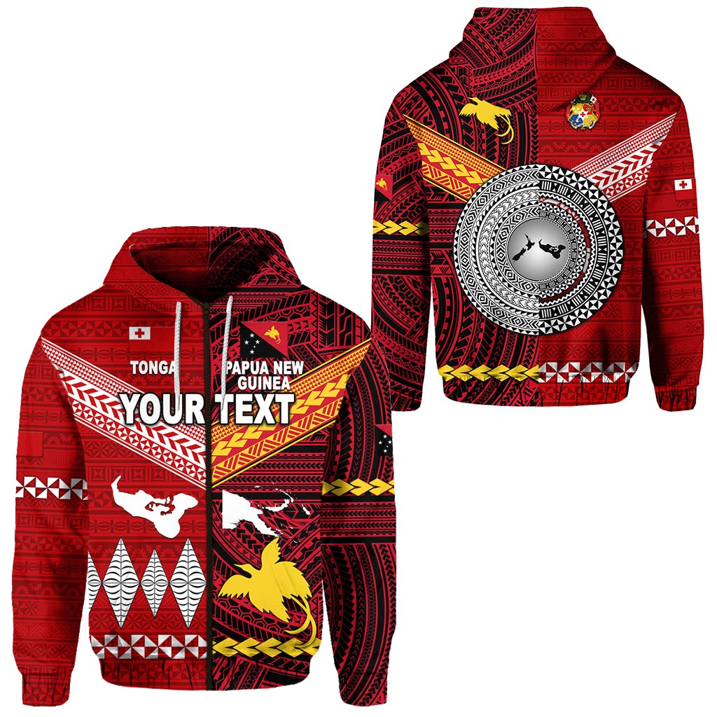 Custom Papua New Guinea And Tonga Zip Hoodie Polynesian Together Bright Red LT8 - Wonder Print Shop