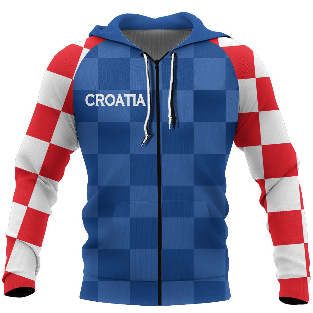 Zip hoodie, blue checker panel front, red/white checked sleeves, CROATIA graphic