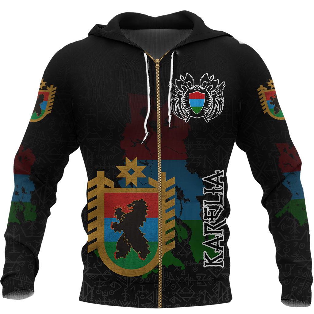 Custom Viking Karelia Flag and Map Zip Hoodie style Viking Geri and Freki RLT12 - Wonder Print Shop