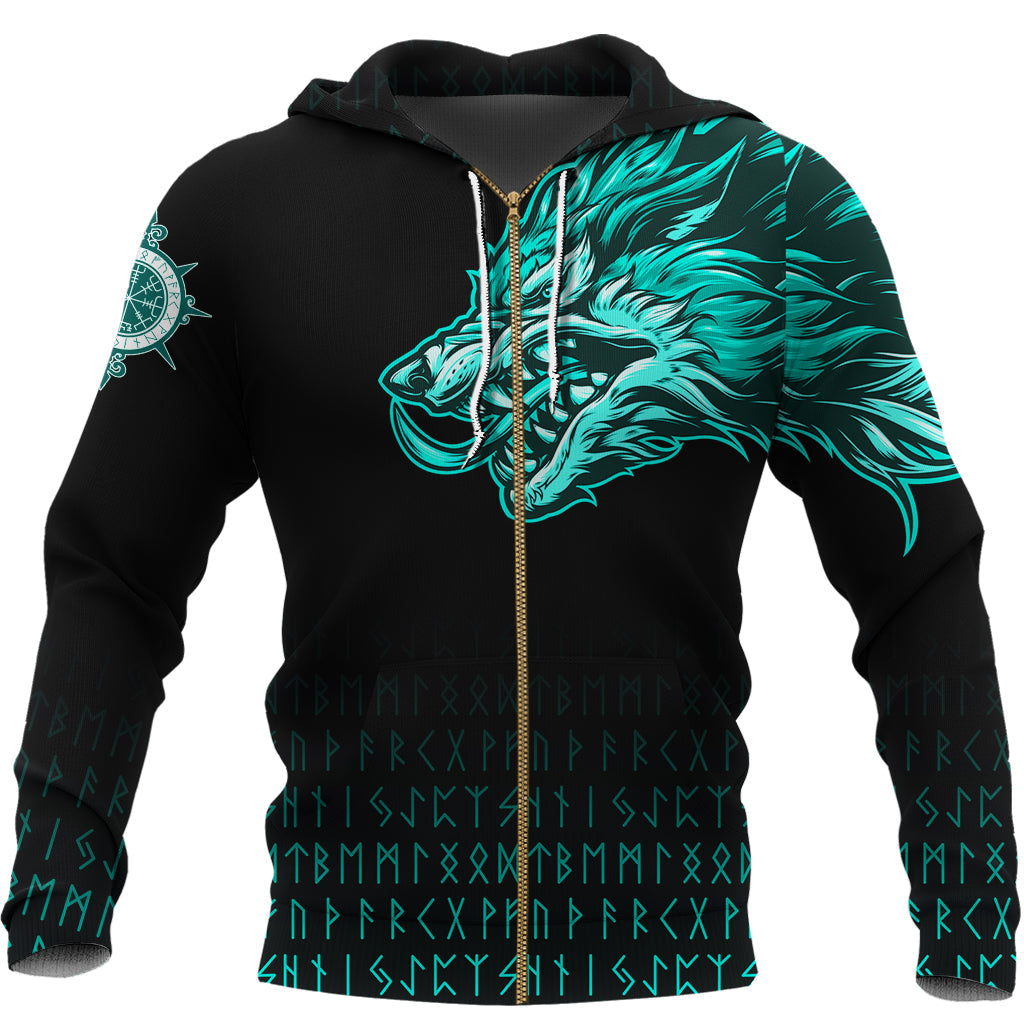 Viking Zip Hoodie Fenrir Wolf Cyan Near Shoulder RLT12 - Wonder Print Shop