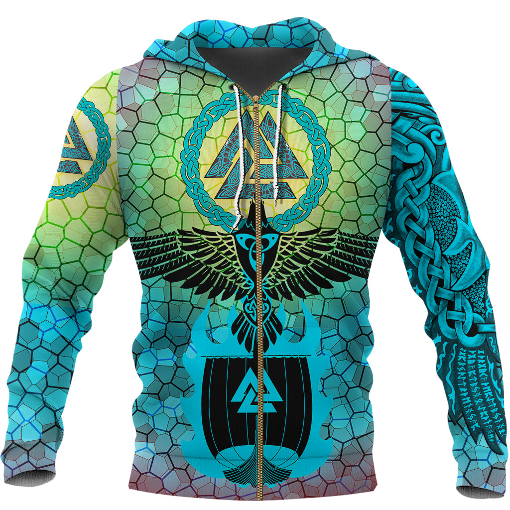 Viking Zip Hoodie - Raven Of Odin and Drakkar On Fire On Vignette Cyan Valknut RLT12 - Wonder Print Shop