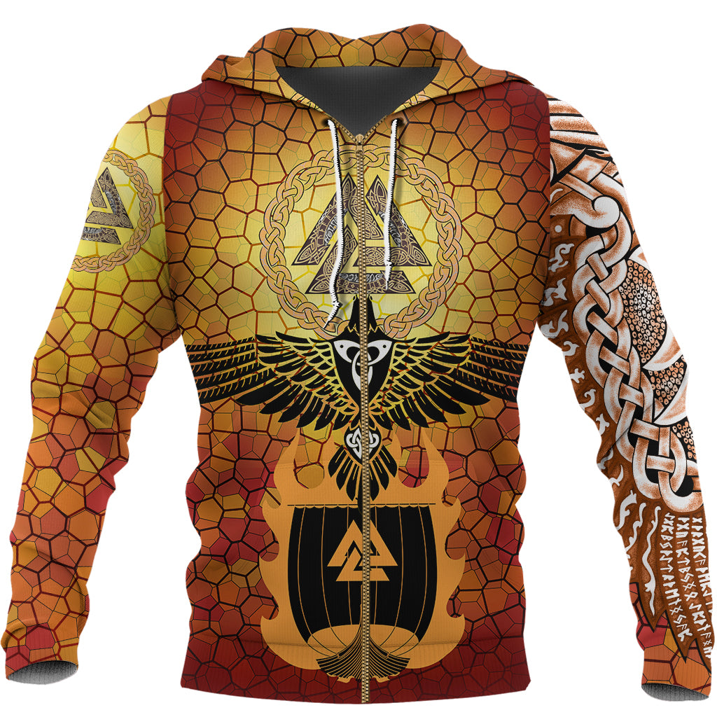 Viking Zip Hoodie - Raven Of Odin and Drakkar On Fire On Vignette Gold Valknut RLT12 - Wonder Print Shop