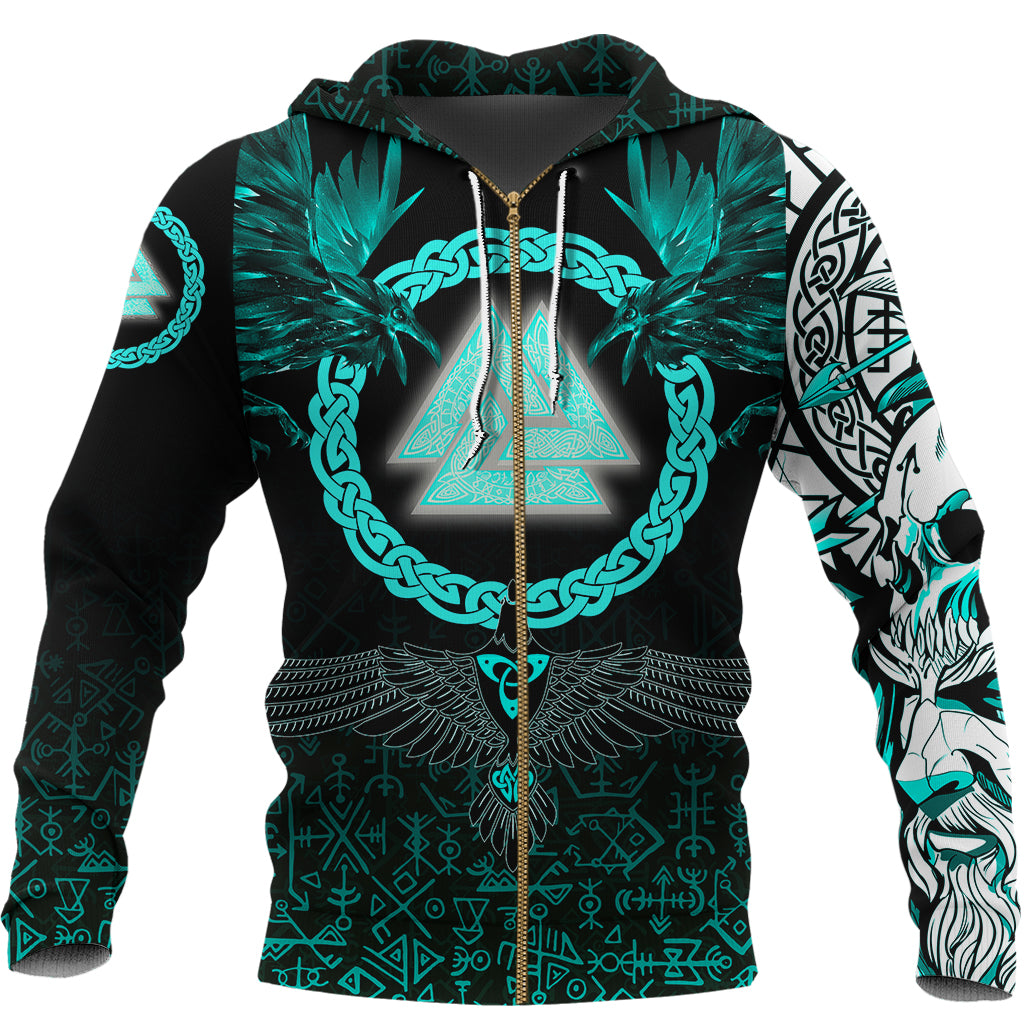 Viking Zip Hoodie Three Raven and Valknut Cyan RLT12 - Wonder Print Shop