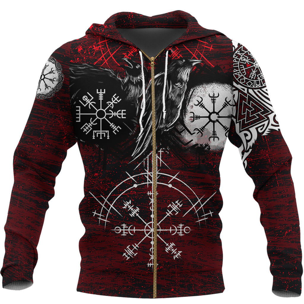 Viking Zip Hoodie Raven Of Odin and Symbol Viking On Blood Background RLT12 - Wonder Print Shop