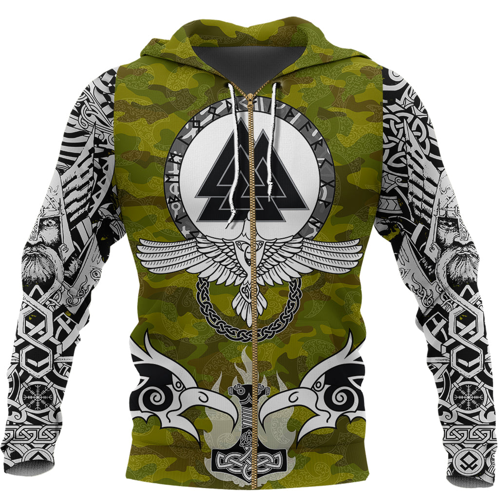 Viking Zip Hoodie Raven Of Odin and Symbol Viking On Camo Background RLT12 - Wonder Print Shop