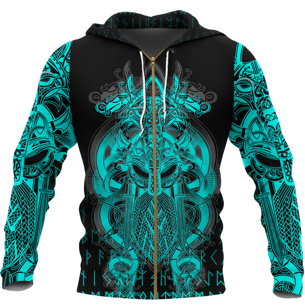 Viking Tyr Tattoo Cyan Zip Hoodie RLT12 - Wonder Print Shop