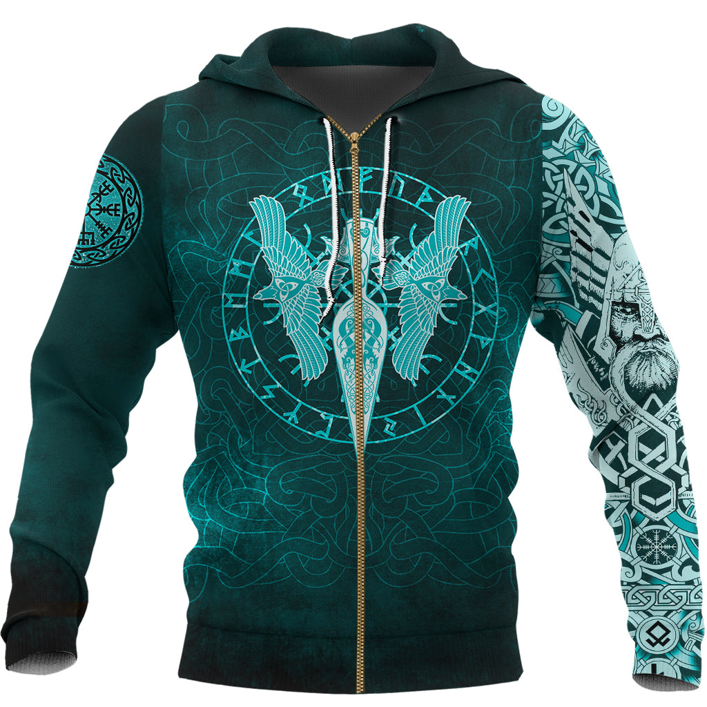 Viking Zip Hoodie - Cyan Spear Of The God Odin - Gungnir and Two Cyan Ravens Style RLT12 - Wonder Print Shop