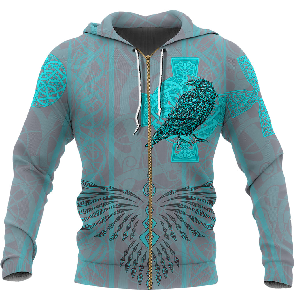 Viking Zip Hoodie Odins Celtic Raven - Scandinavian Tattoo Style Cyan RLT12 - Wonder Print Shop