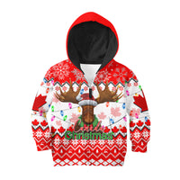 Kids red hooded pullover hoodie with moose face graphic and Canada Christmas print