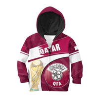 Kids maroon zip hoodie with QATAR chest print, QFA emblem, white striped bands