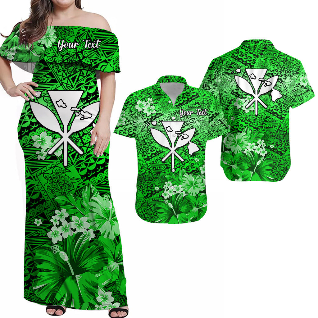 Green off-shoulder maxi Hawaiian dress with tropical map and turtle print, personalized